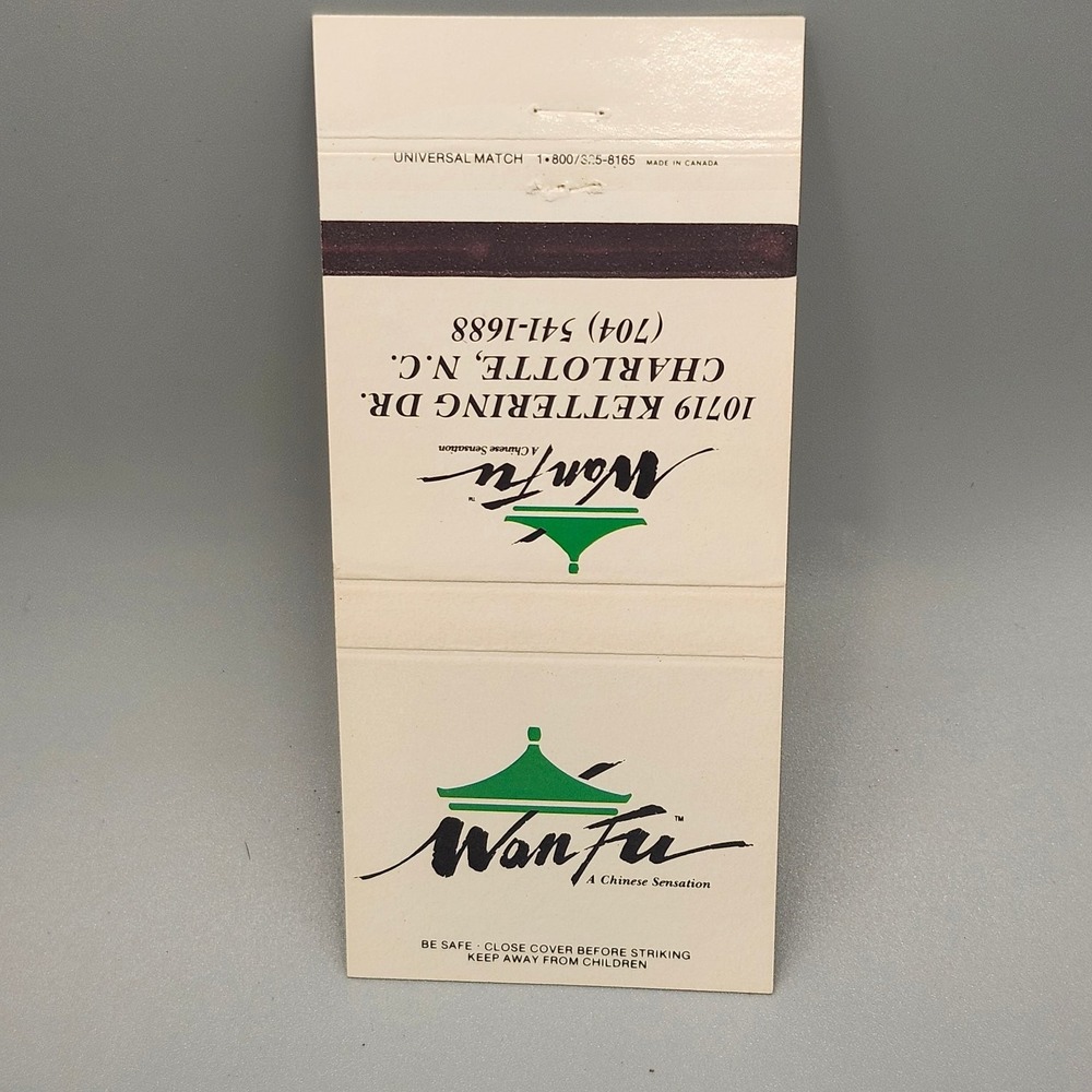 Vintage Wan Fu Chinese Restaurant Matchbook Charlotte NC Map Universal Match